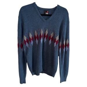 Vintage 70s Robert Bruce Blue Intarsia Argyle Sweater Union Made Large